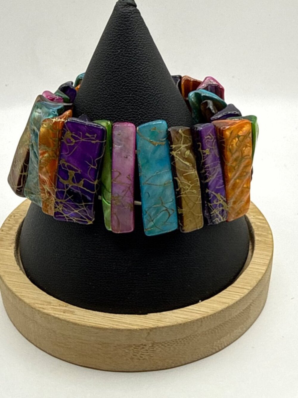 Vtg Boho Multicolor Mother of Pearl Shell Tile Stretch Cuff Statement Bracelet